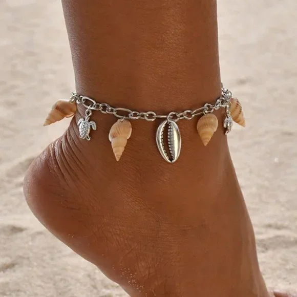 ⚡ 925 Silver Plated Turtle Starfish Sea Shell Conch Anklet, MARR9326 - Picture 4 of 6